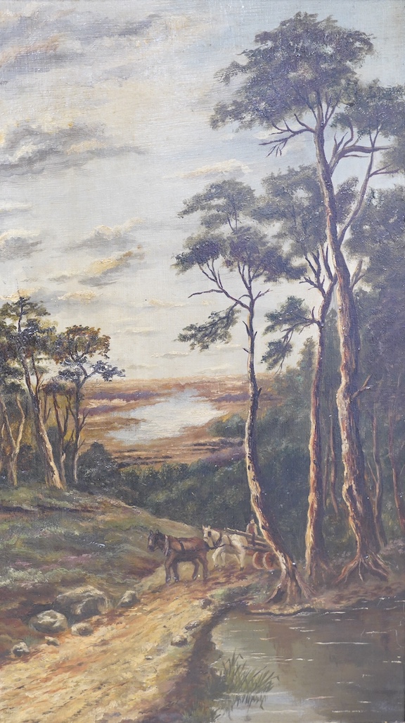 Late 19th century, oil on canvas, Pastoral landscape with carthorses crossing a stream, unsigned, 61 x 35cm, gilt framed. Condition - fair